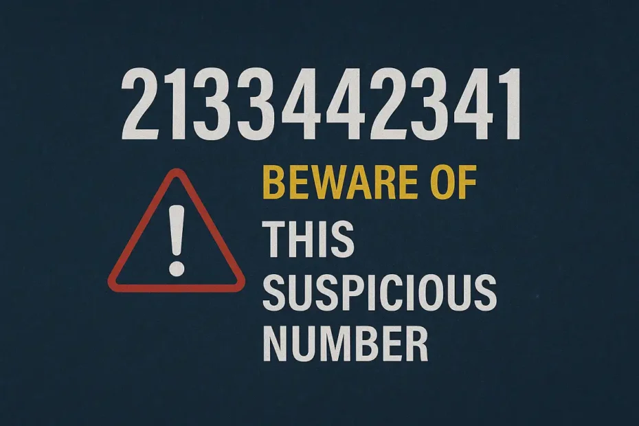 Beware of 2133442341 suspicious number warning sign with alert icon.