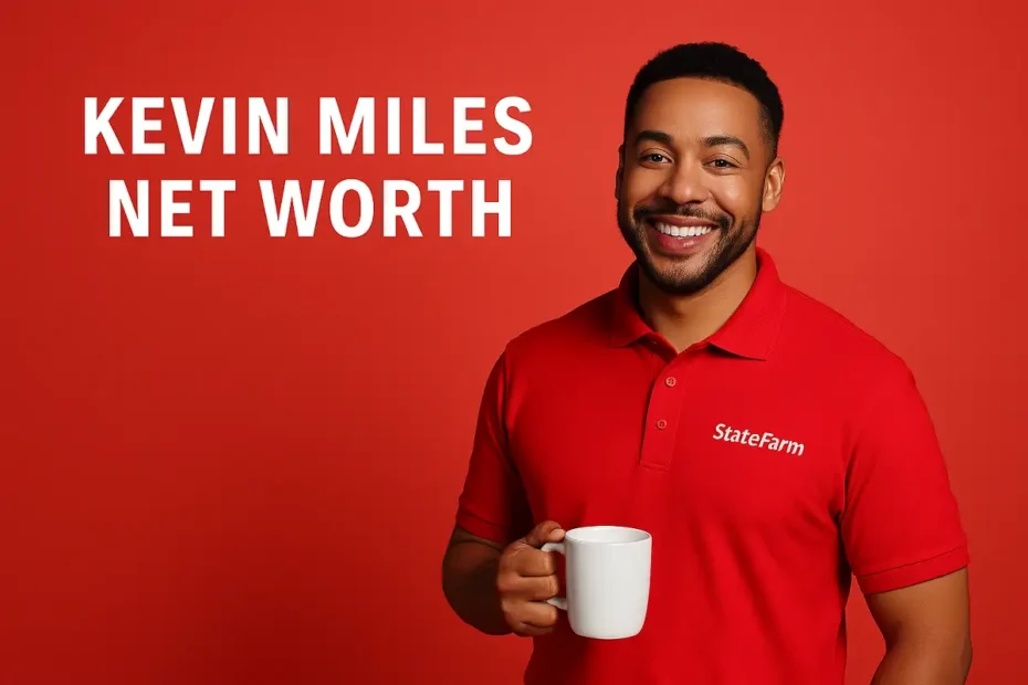 Kevin Miles net worth image featuring him as Jake from State Farm in a red shirt holding a mug.